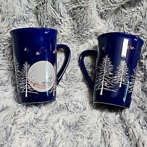 Starbucks Mug Cup 2019 Blue Christmas Tree Doves Deer In Hammock 10 oz Set of 2